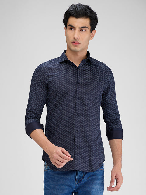 Men's Navy Printed Slim Fit Shirts