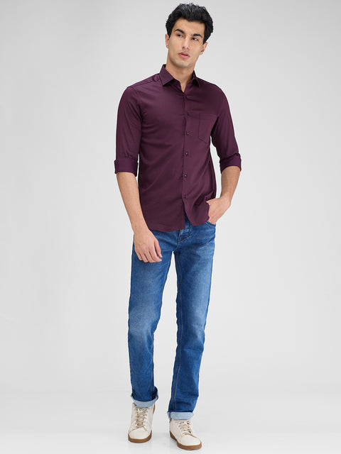 Men's Wine Solid Slim Fit Shirts