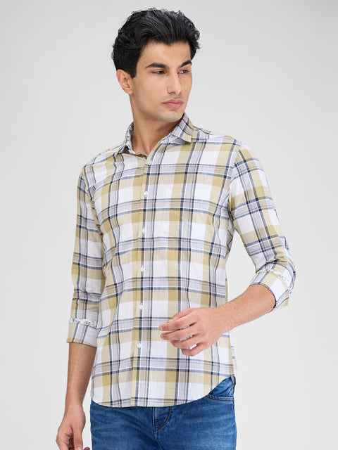 Men's Khaki Grey Checks Slim Fit Shirts