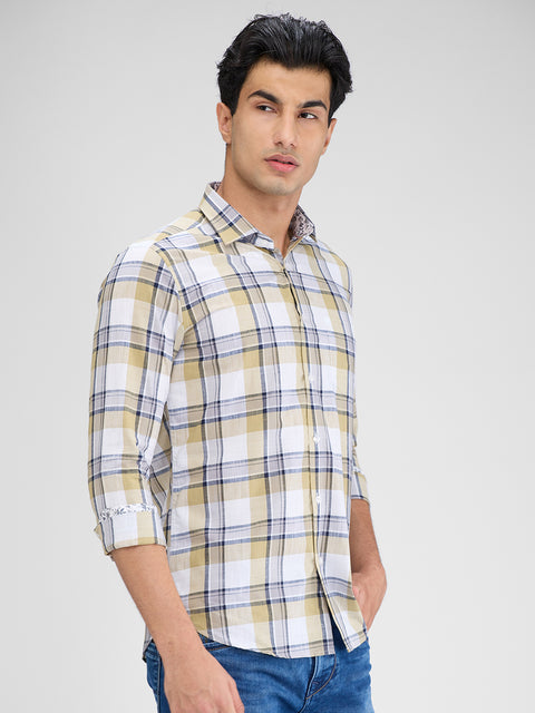 Men's Khaki Grey Checks Slim Fit Shirts