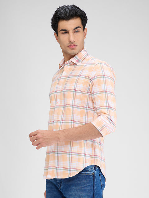 Men's Peach Checks Slim Fit Shirts