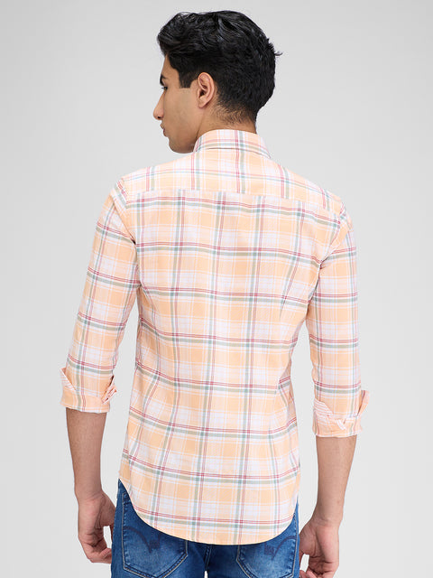 Men's Peach Checks Slim Fit Shirts