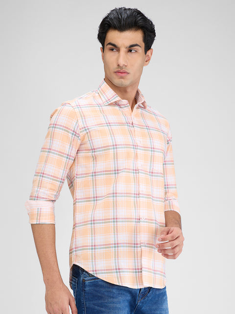 Men's Peach Checks Slim Fit Shirts
