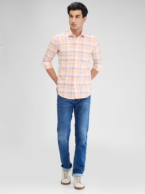 Men's Peach Checks Slim Fit Shirts