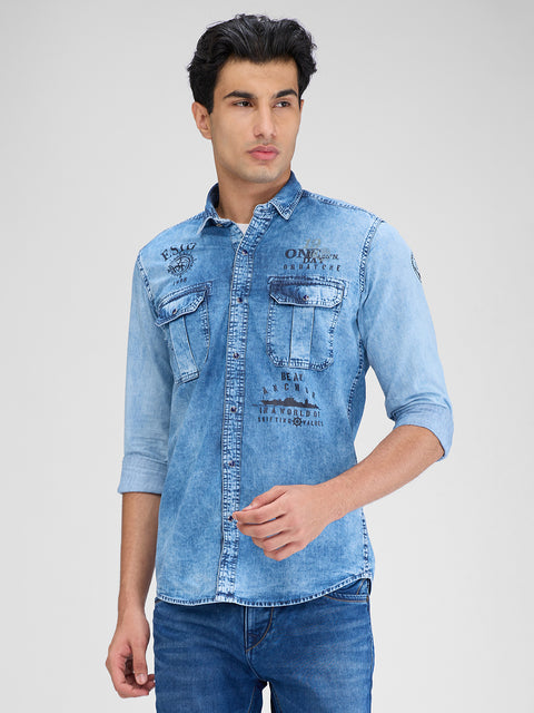 Men's Ice Blue Denim Slim Fit Shirts