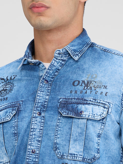 Men's Ice Blue Denim Slim Fit Shirts
