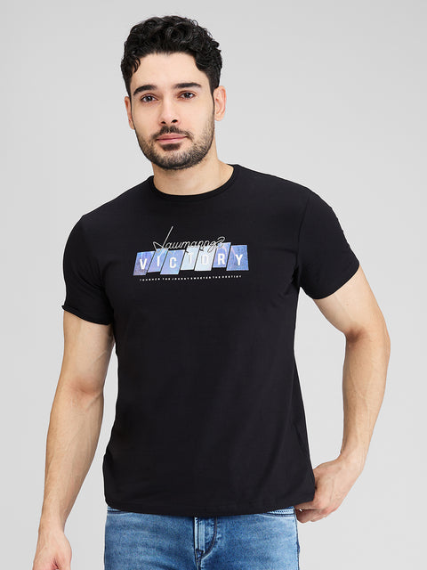 Men's Blue Black Printed Round Neck T-Shirts