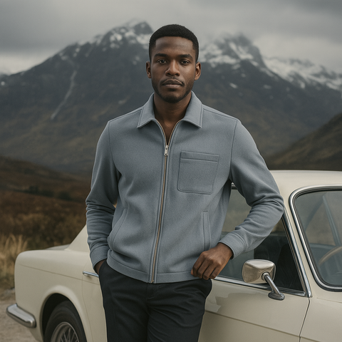 Man in a light blue jacket standing next to a vintage car with mountains in the background