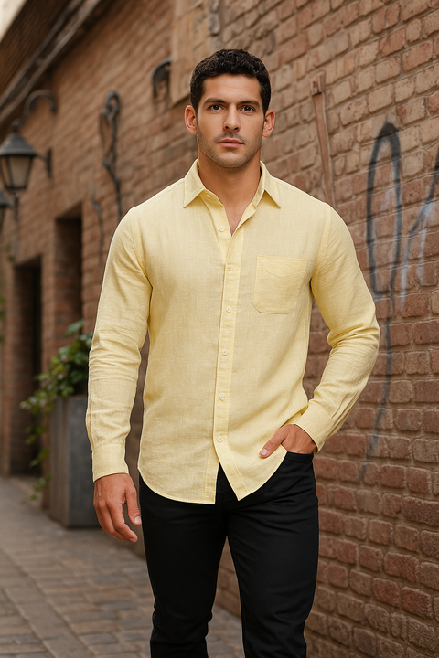 MEN'S SOLID REGULAR FIT FULL SLEEVES SHIRT- LEMON