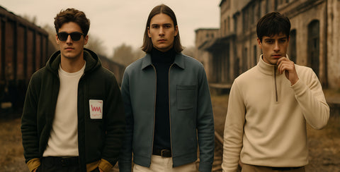Three men standing in a row with a train and buildings in the background