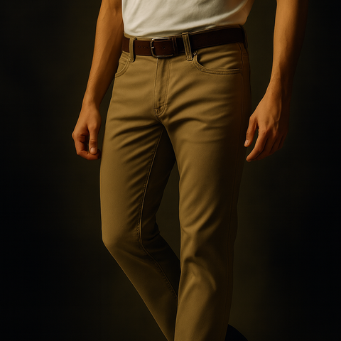 Person wearing beige pants and black shoes on a dark background