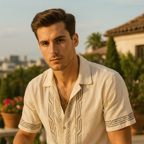 Man holding a cocktail on a rooftop with cityscape and plants in the background