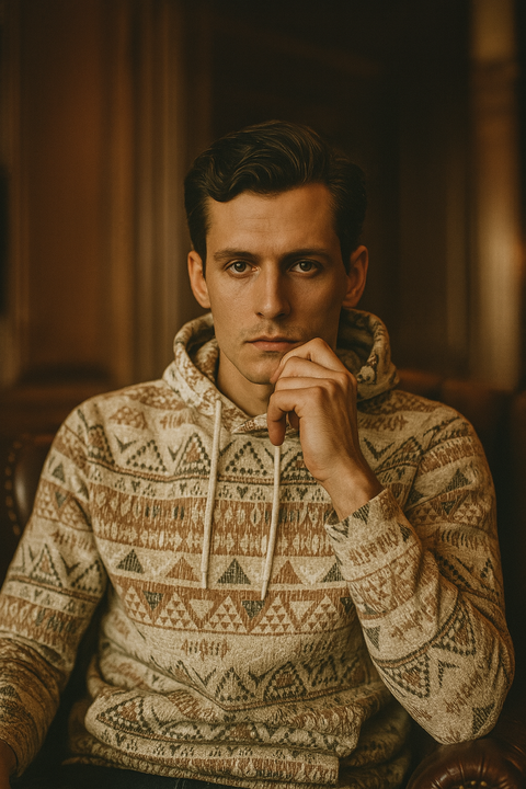Man wearing a patterned hoodie sitting indoors with a warm, blurred background